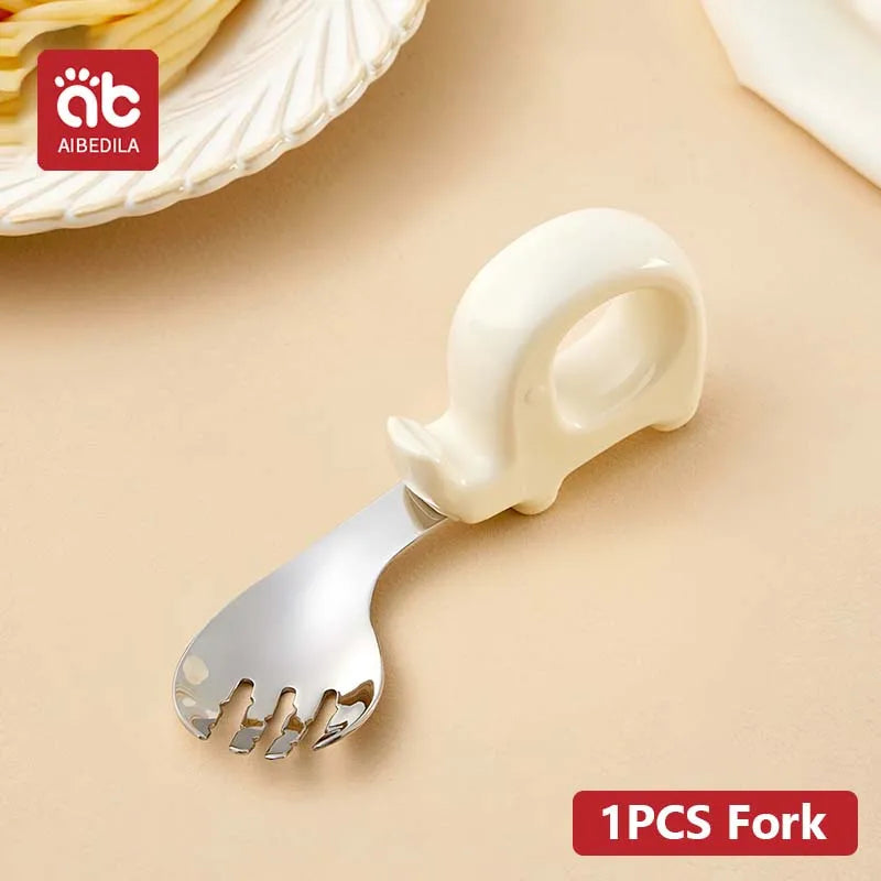 AIBEDILA Newborn Feeding Spoon Fork Set Silicone Handle
