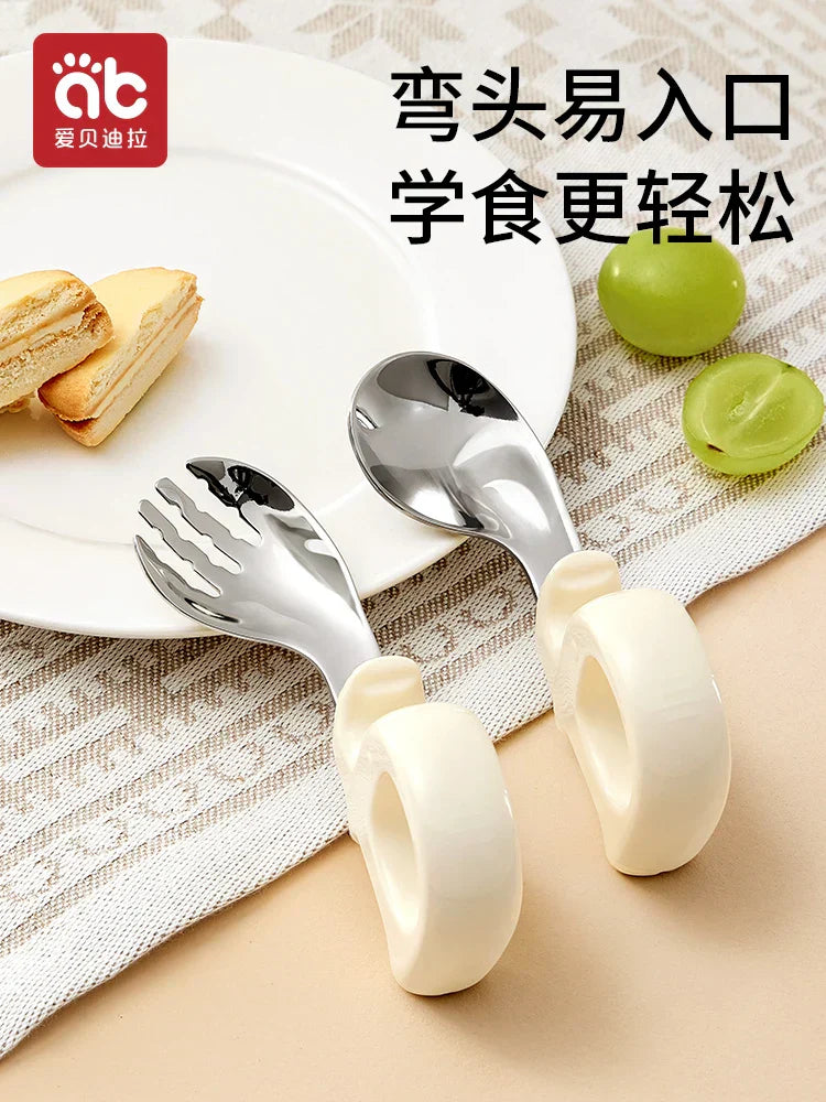 AIBEDILA Newborn Feeding Spoon Fork Set Silicone Handle