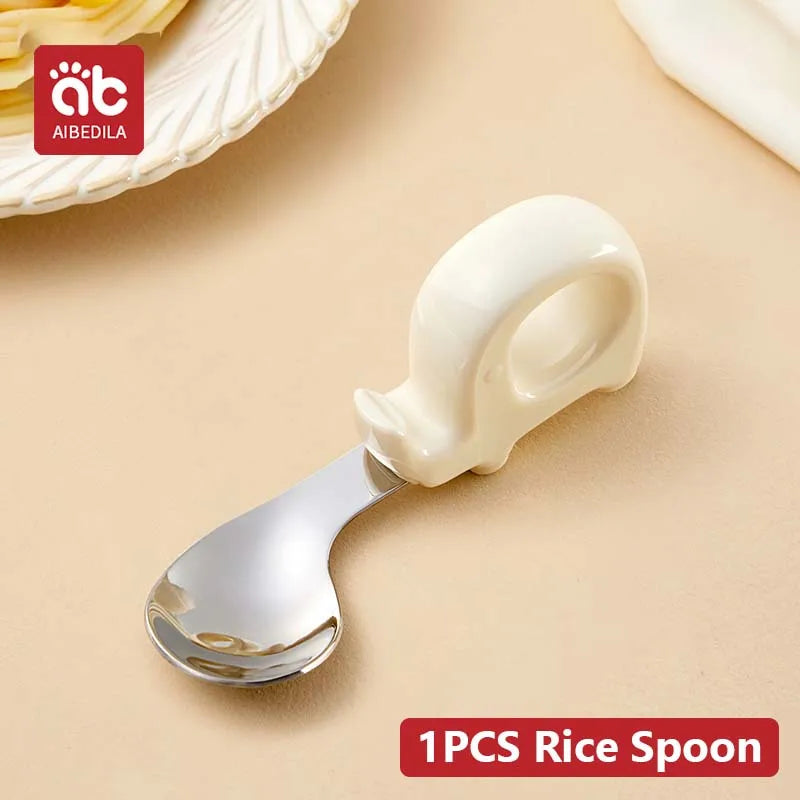 AIBEDILA Newborn Feeding Spoon Fork Set Silicone Handle