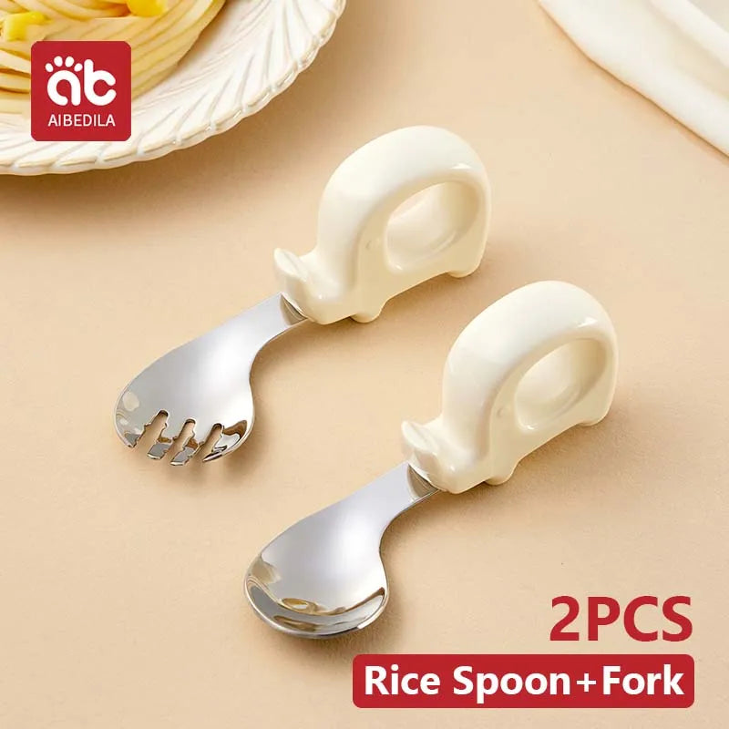 AIBEDILA Newborn Feeding Spoon Fork Set Silicone Handle