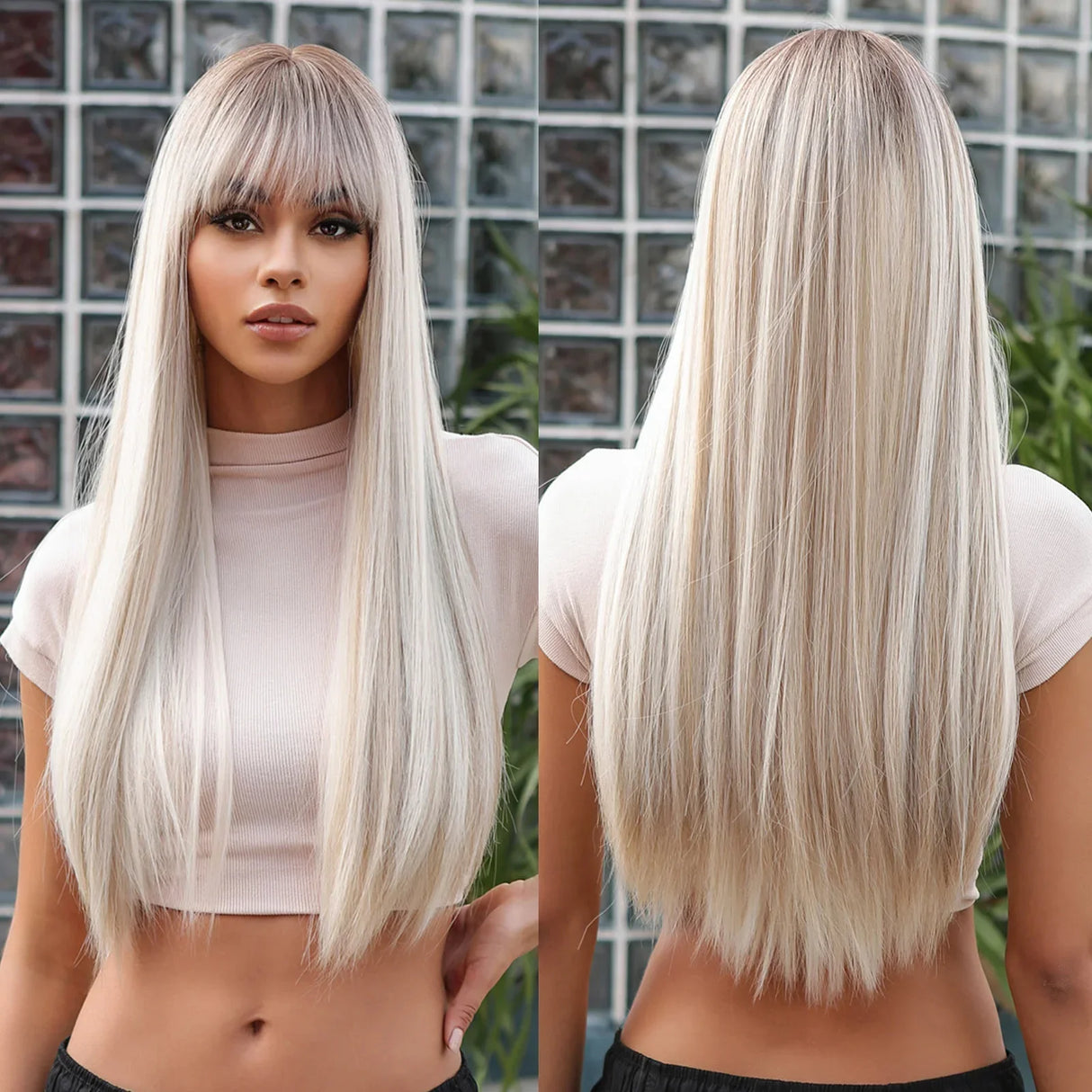 Emmor Long Platinum Blonde White Wig with Bang