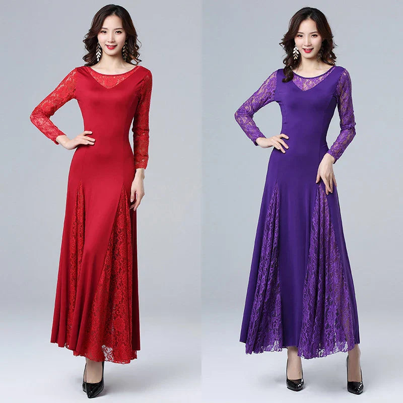 Adult Long Sleeve Lace Stitching Modern Dance Dress