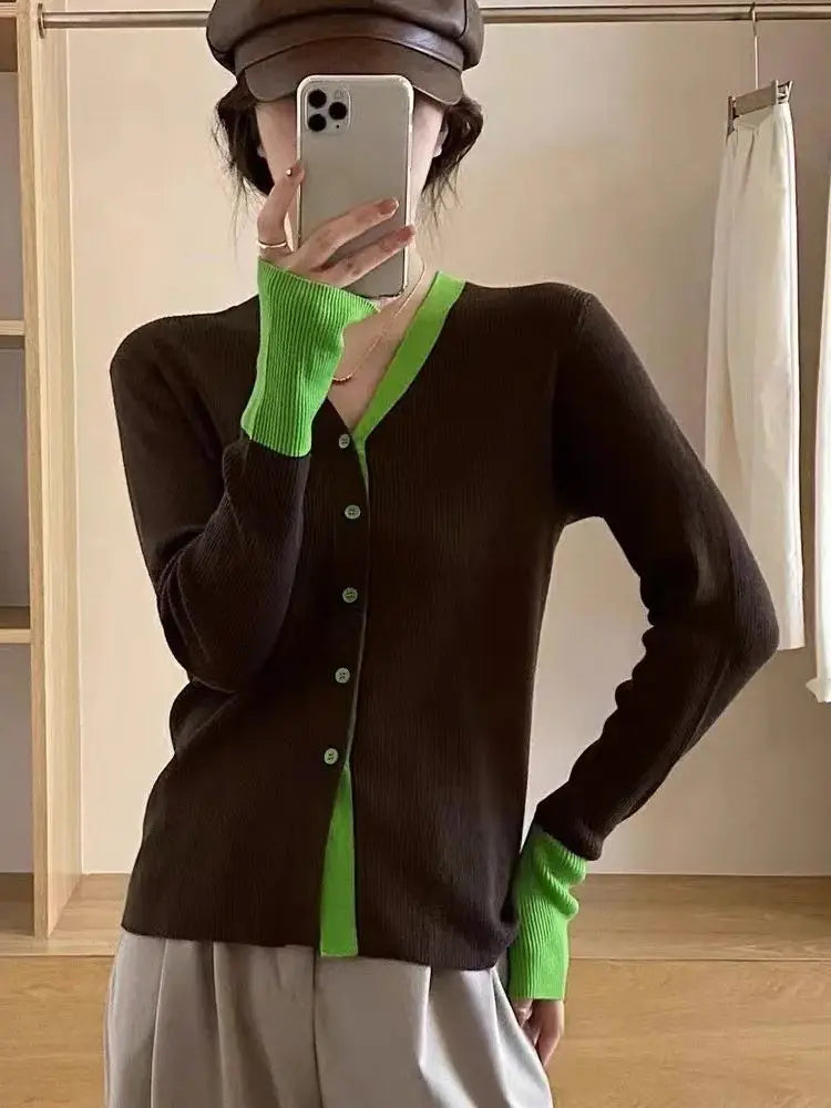 Autumn Knit Cardigan Girls Patchwork Long Sleeve Sweater