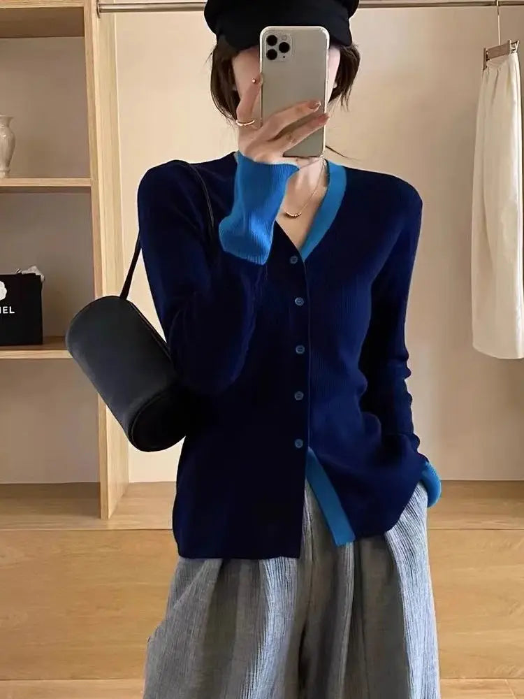 Autumn Knit Cardigan Girls Patchwork Long Sleeve Sweater