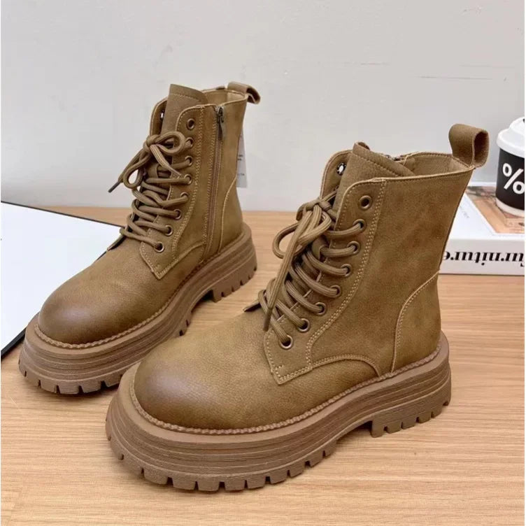 Women's Round Toe Lace-Up Plush Ankle Boots