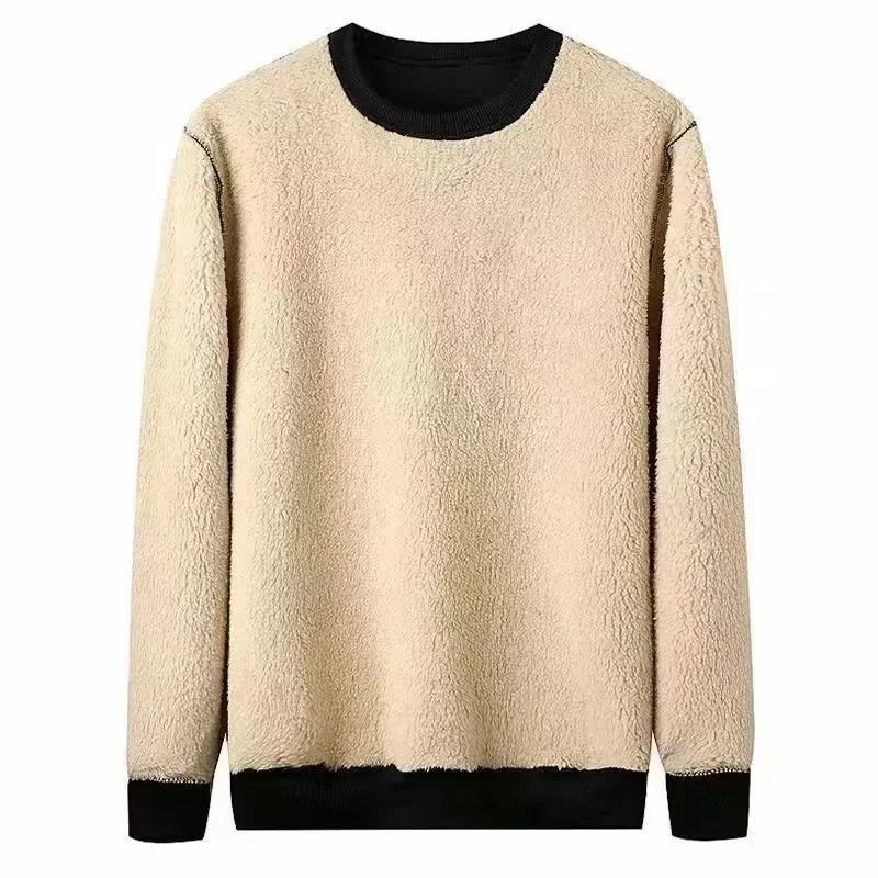 Autumn Winter Mens Fleece Sweatshirts Fuzzy Hoodless Wool