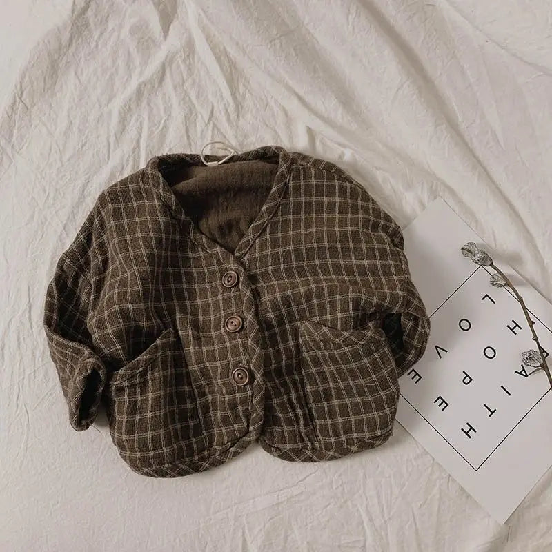 Baby Cotton Hemp Coat Checkered Korean Girls' Coat