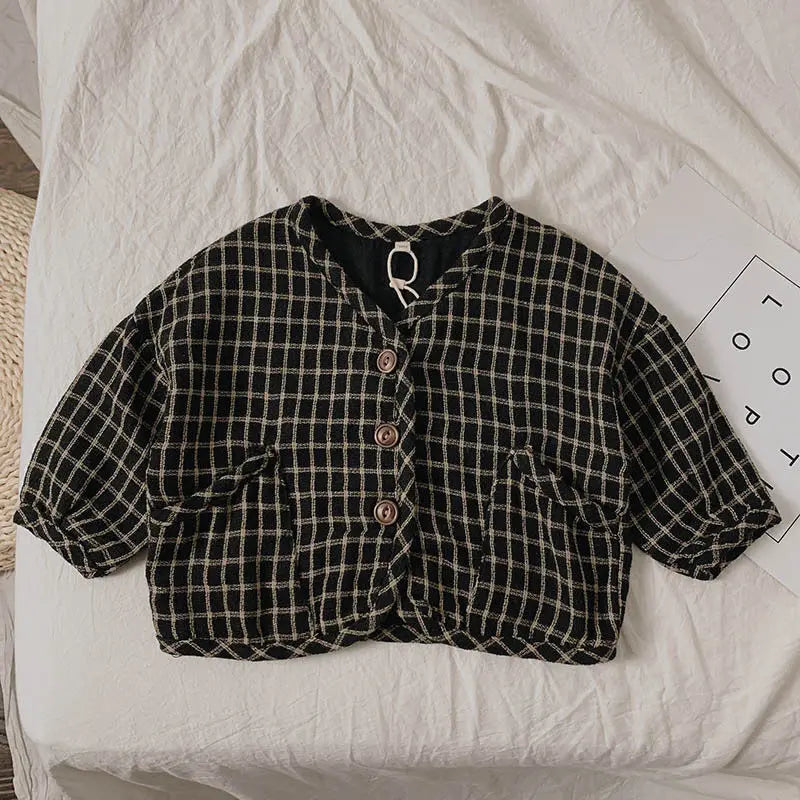 Baby Cotton Hemp Coat Checkered Korean Girls' Coat