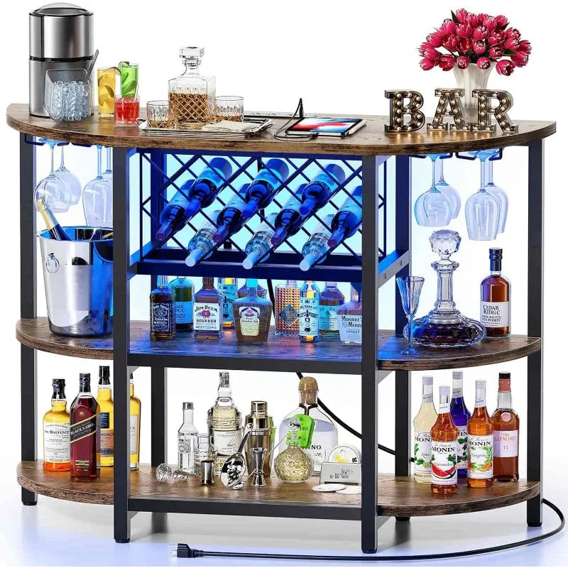 Bar Table Cabinet with Power Outlet, LED Home