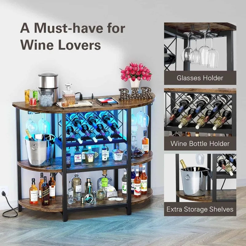 Bar Table Cabinet with Power Outlet, LED Home