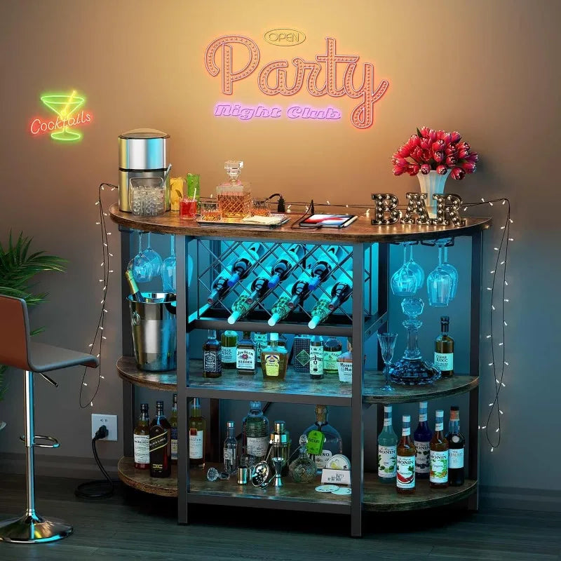 Bar Table Cabinet with Power Outlet, LED Home