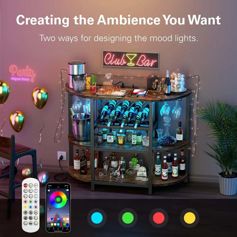 Bar Table Cabinet with Power Outlet, LED Home