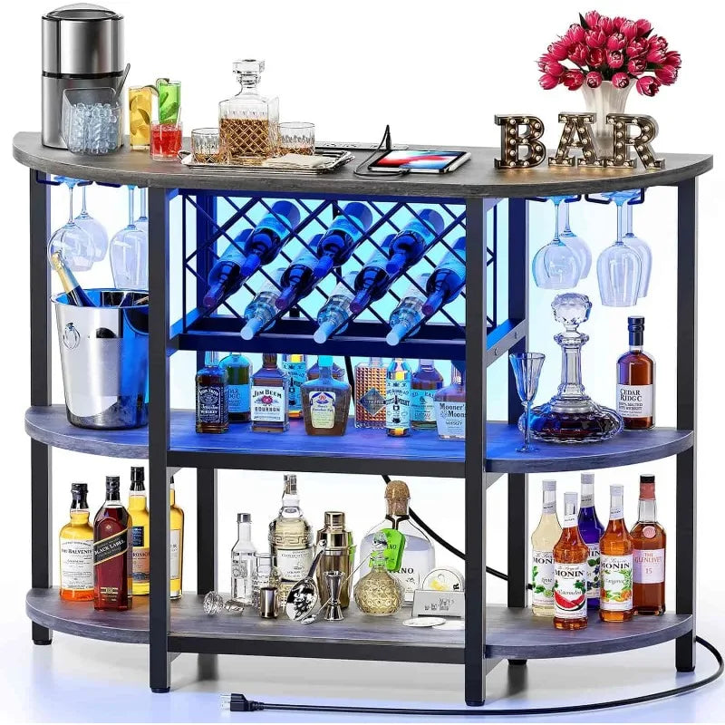 Bar Table Cabinet with Power Outlet, LED Home