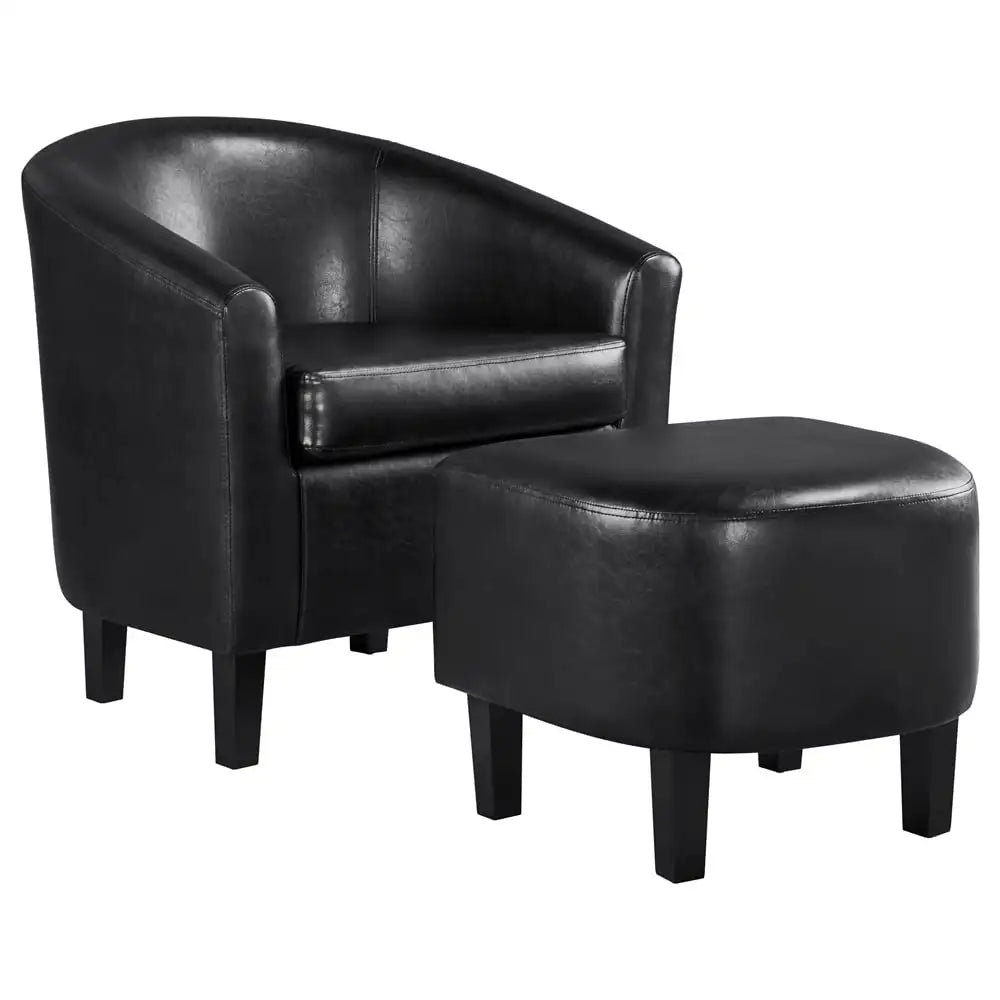 Barrel Accent Chair with Ottoman, Black Faux Leather