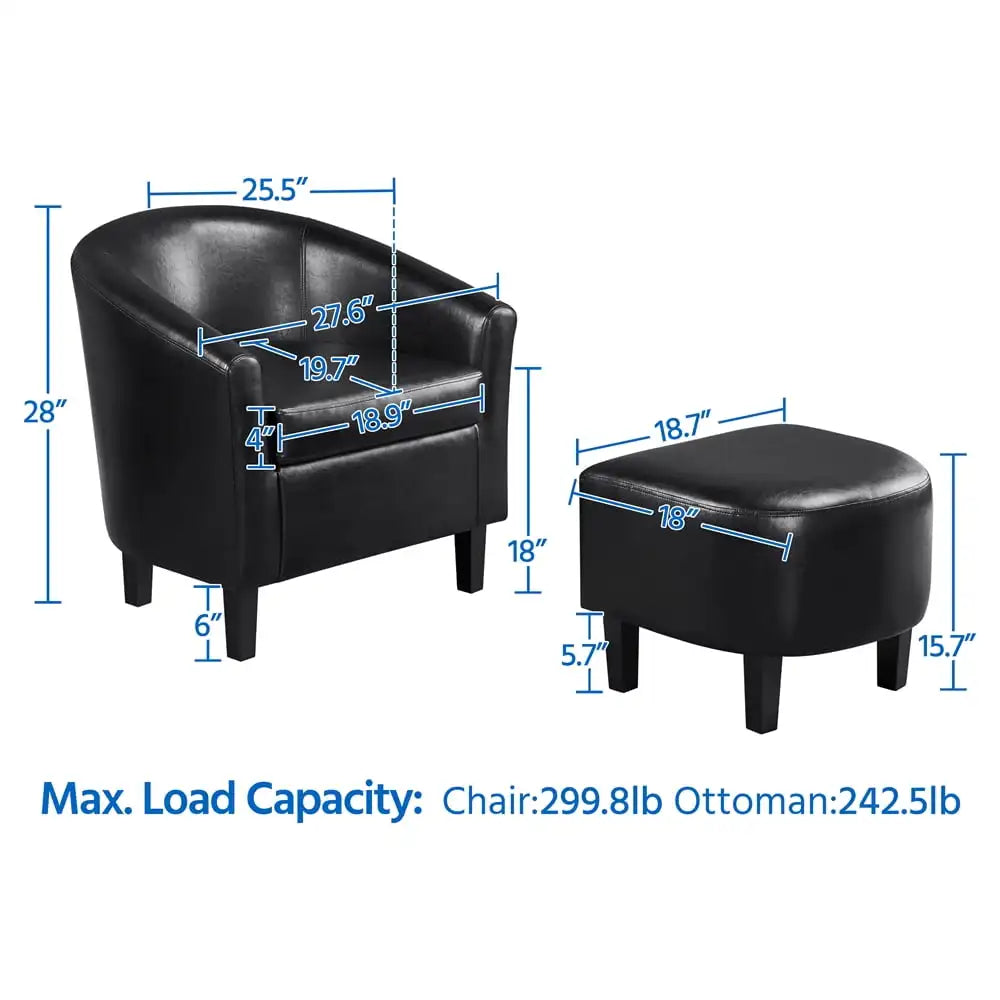 Barrel Accent Chair with Ottoman, Black Faux Leather