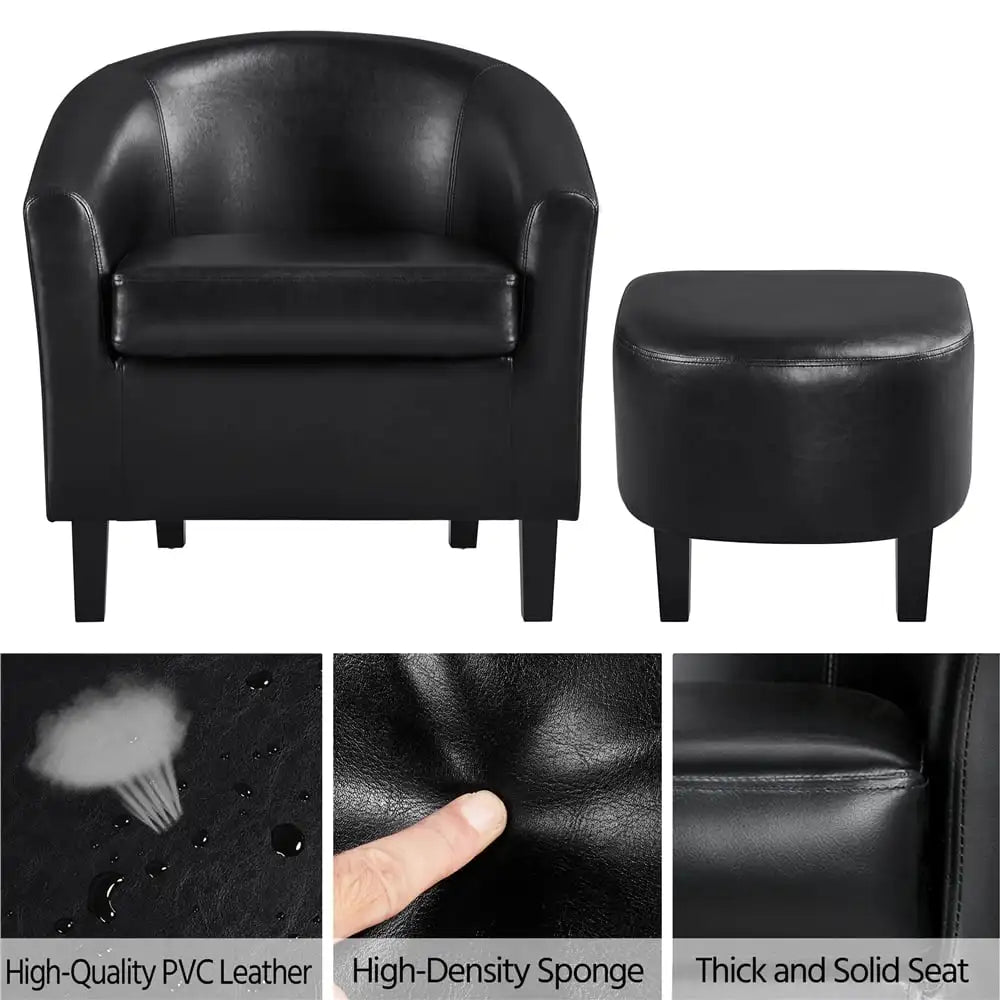 Barrel Accent Chair with Ottoman, Black Faux Leather