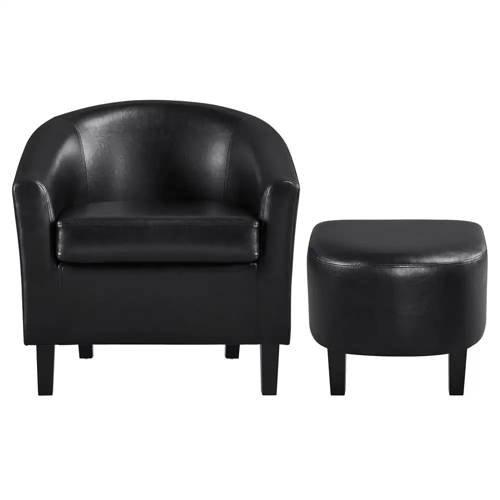 Barrel Accent Chair with Ottoman, Black Faux Leather