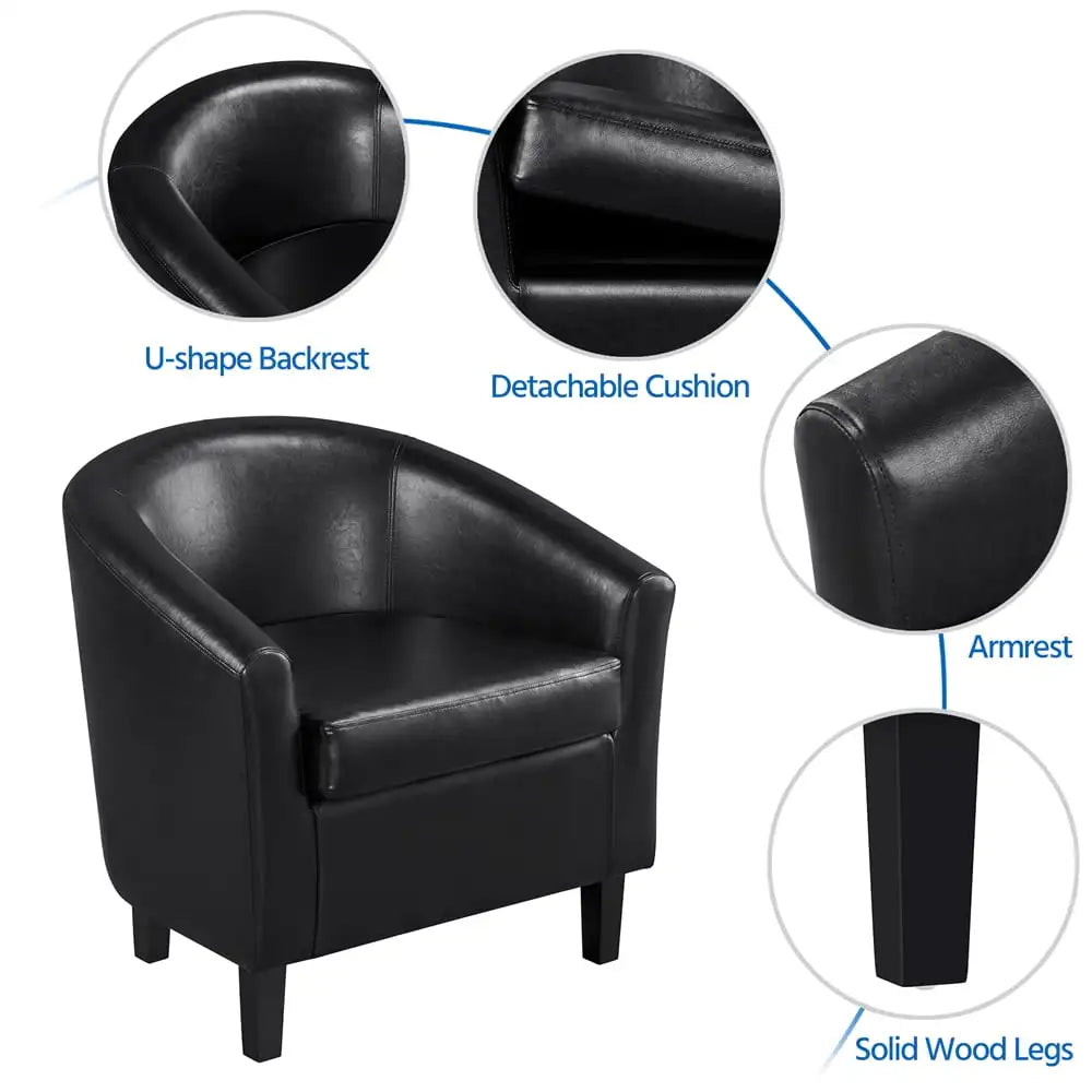 Barrel Accent Chair with Ottoman, Black Faux Leather