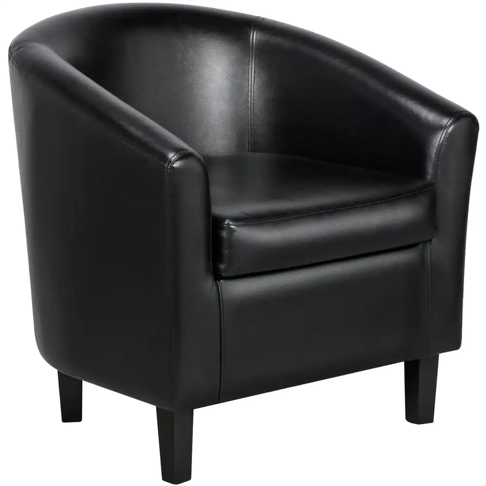 Barrel Accent Chair with Ottoman, Black Faux Leather