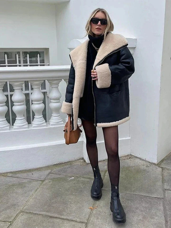 Black Women's Bomber Jacket Fur Liner Autumn Winter