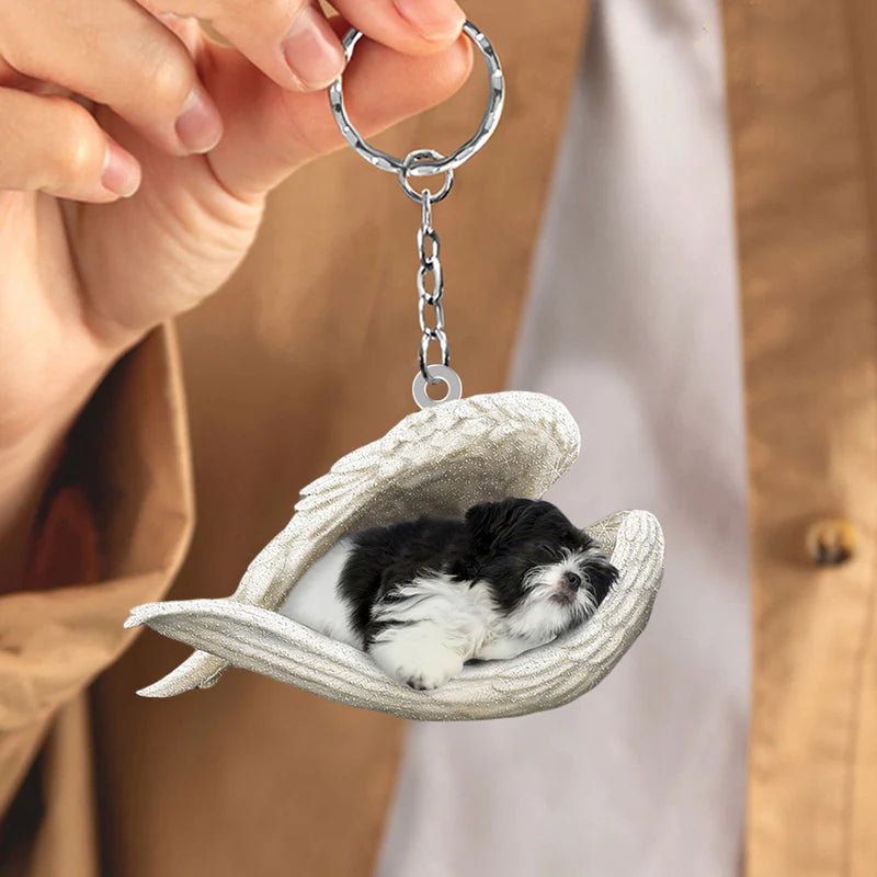 Sleeping Angel Acrylic Keychain Black and White Shih