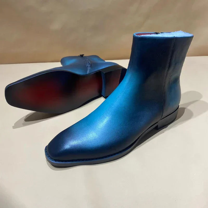 Blue Polished Men's Chelsea Ankle Boots Small Square