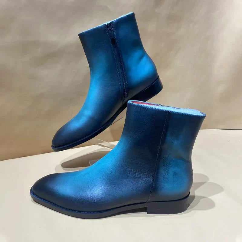 Blue Polished Men's Chelsea Ankle Boots Small Square