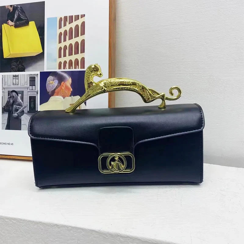 Brand Handbags For Women Metal Handle Black Leather