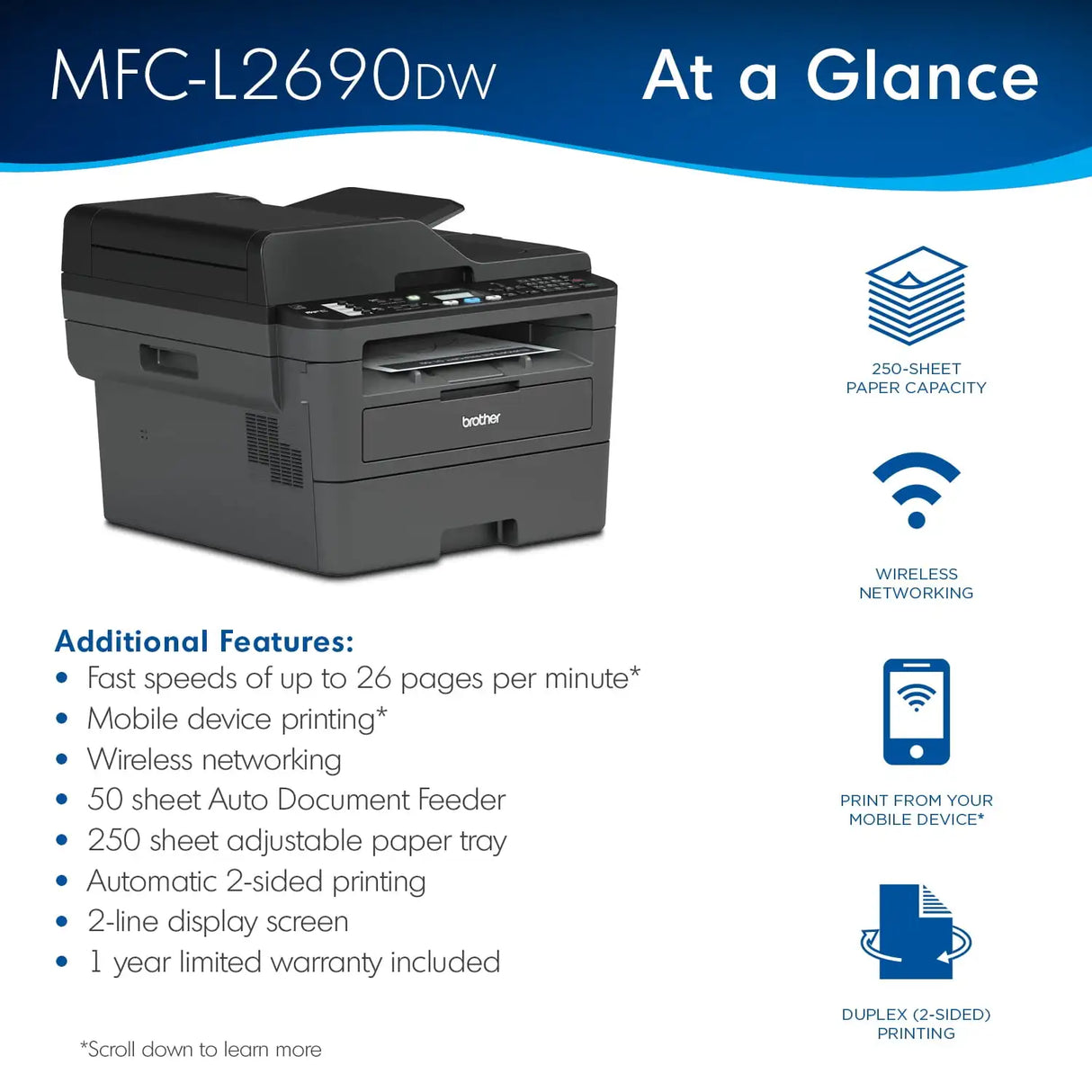 Brother MFC-L2690DW Monochrome Laser All-in-One Printer, Duplex Printing,
