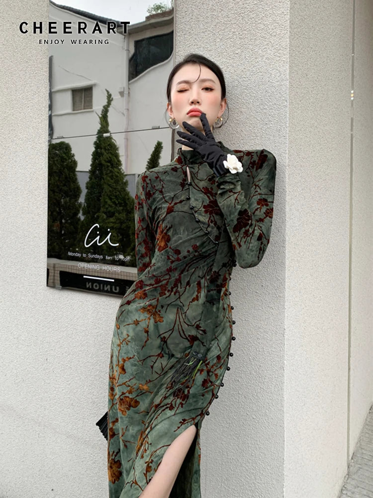 CHEERART Vintage Green Floral Bodycon Cheongsam Dress Long