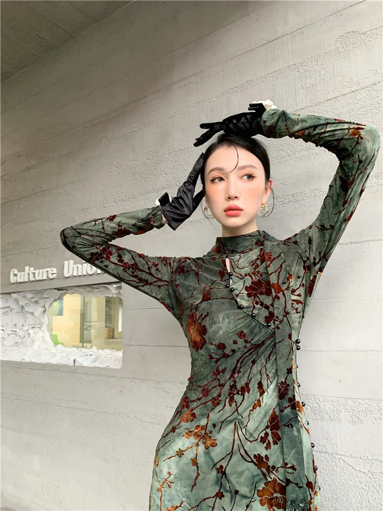 CHEERART Vintage Green Floral Bodycon Cheongsam Dress Long