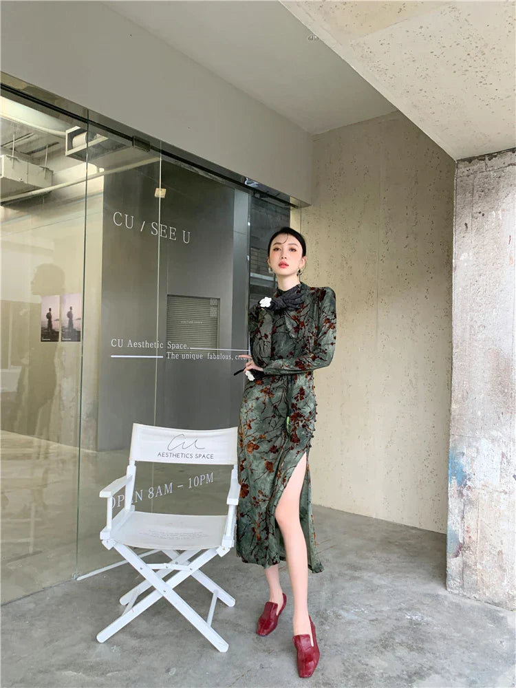 CHEERART Vintage Green Floral Bodycon Cheongsam Dress Long