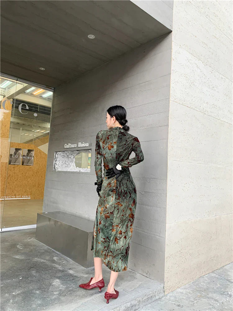 CHEERART Vintage Green Floral Bodycon Cheongsam Dress Long