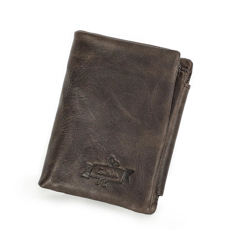 CONTACT'S Genuine Crazy Horse Leather Men Wallets Vintage Trifold Wallet Zip Coin Pocket Purse Cowhide Leather Wallet For Mens