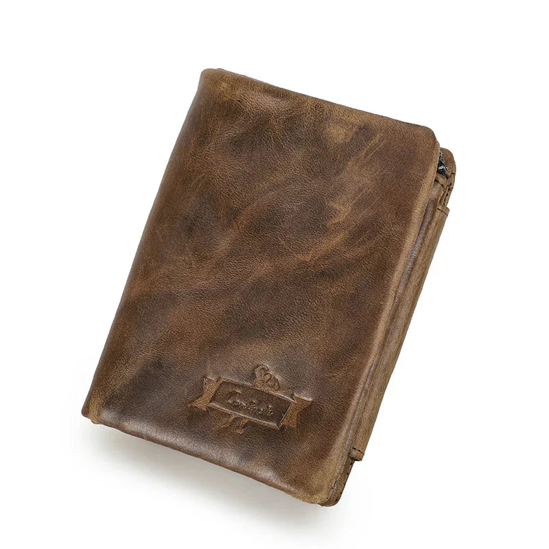CONTACT'S Genuine Crazy Horse Leather Men Wallets Vintage Trifold Wallet Zip Coin Pocket Purse Cowhide Leather Wallet For Mens