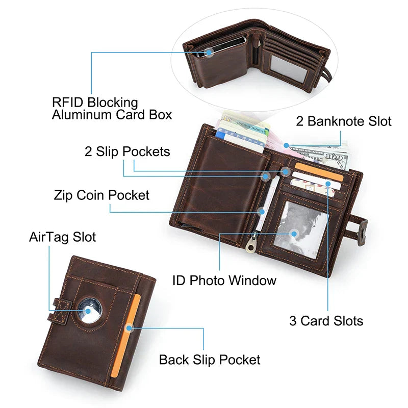 CONTACT'S Genuine Leather AirTag Wallets for Men RFID Aluminum Card Holder Metal Wallets Zip Coin Purse Money Clip Men's Wallets