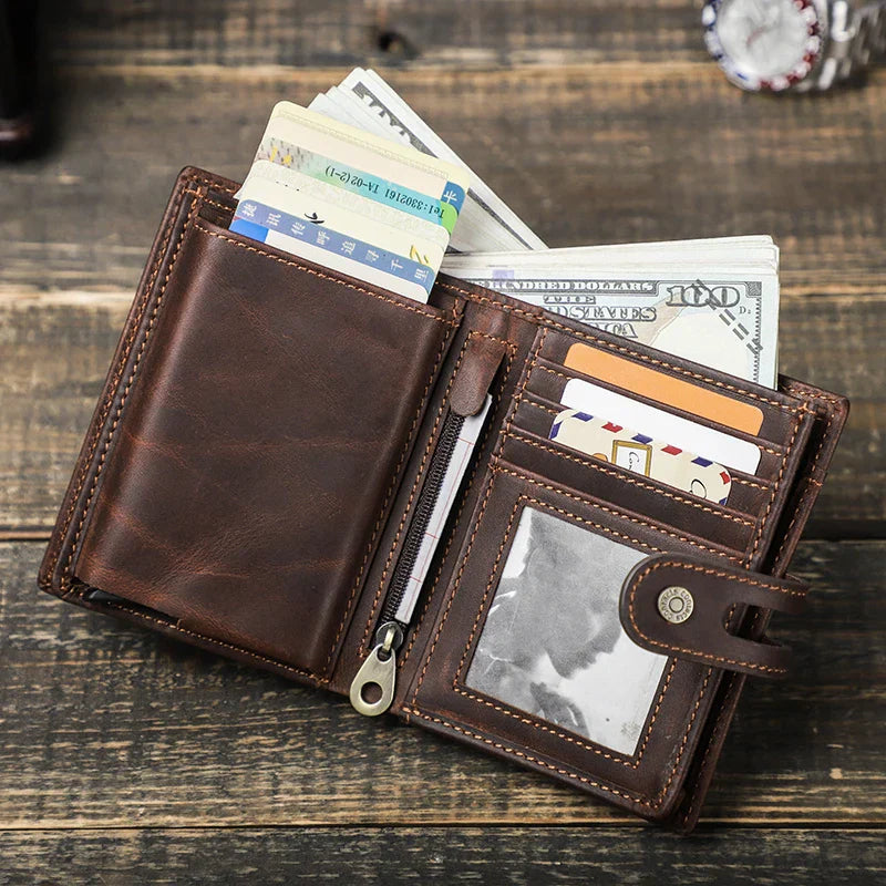 CONTACT'S Genuine Leather AirTag Wallets for Men RFID Aluminum Card Holder Metal Wallets Zip Coin Purse Money Clip Men's Wallets