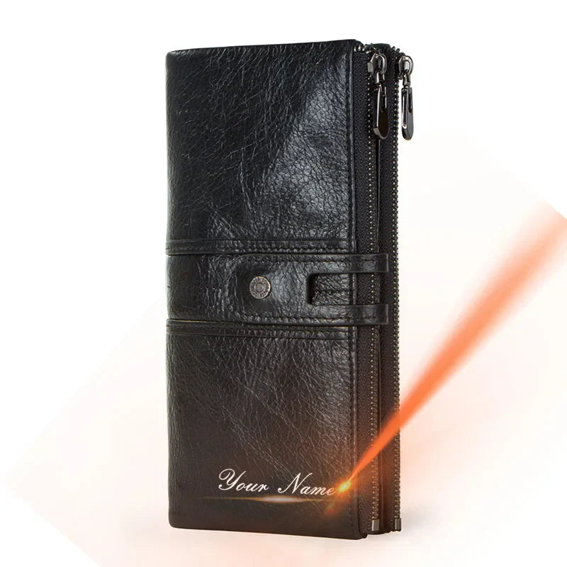 CONTACT'S Genuine Leather Long Wallets for Men Vintage Card Holder Coin Purses Money Clips Phone Pocket Male Name Engrave Wallet
