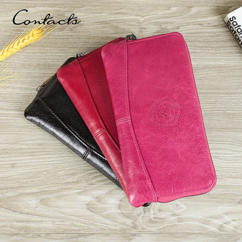 CONTACT'S Genuine Leather RFID Long Women's Wallets Skull Pattern Zipper Women's Purses Card Holders Luxury Designer Money Clip