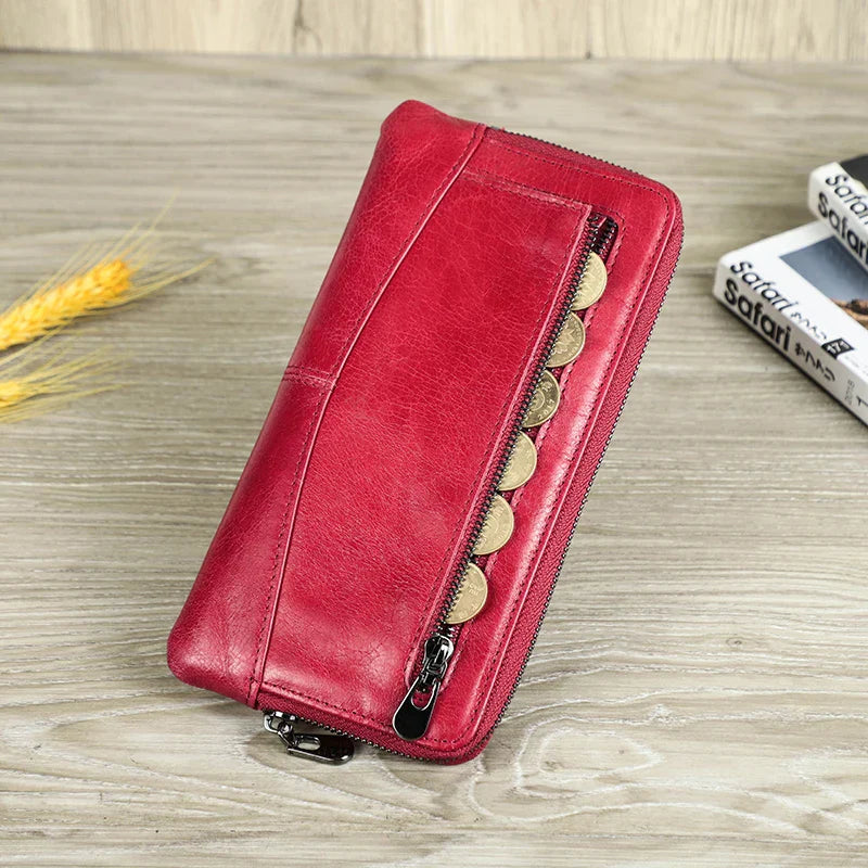 CONTACT'S Genuine Leather RFID Long Women's Wallets Skull Pattern Zipper Women's Purses Card Holders Luxury Designer Money Clip