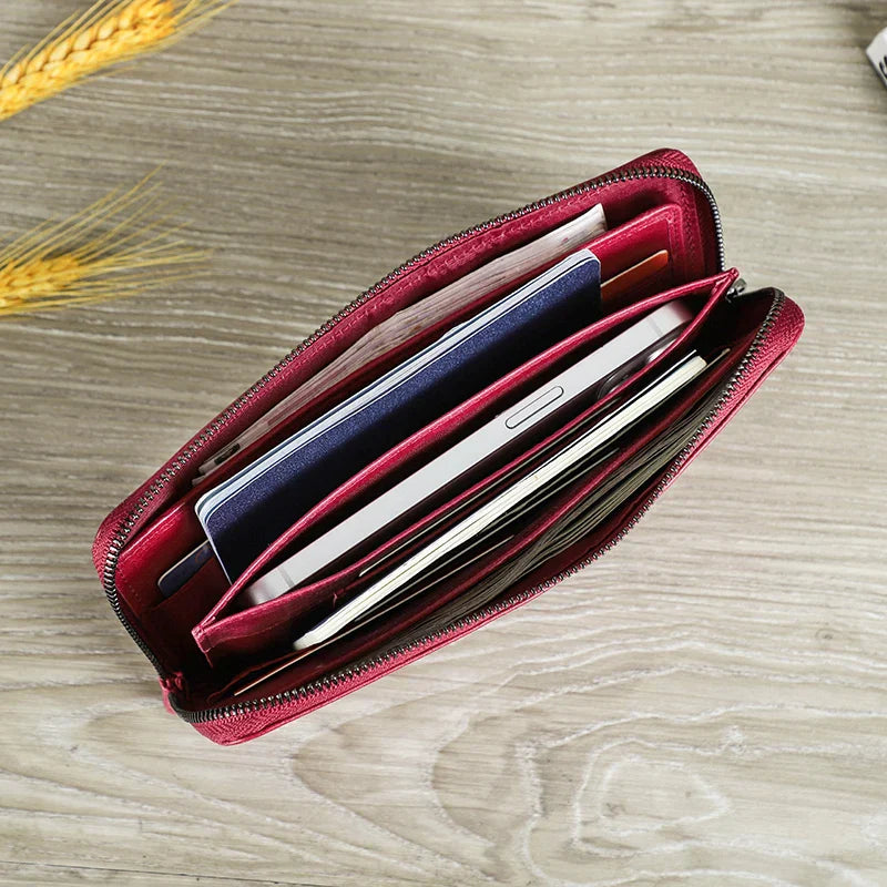 CONTACT'S Genuine Leather RFID Long Women's Wallets Skull Pattern Zipper Women's Purses Card Holders Luxury Designer Money Clip
