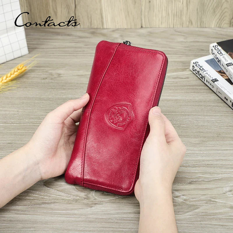 CONTACT'S Genuine Leather RFID Long Women's Wallets Skull Pattern Zipper Women's Purses Card Holders Luxury Designer Money Clip