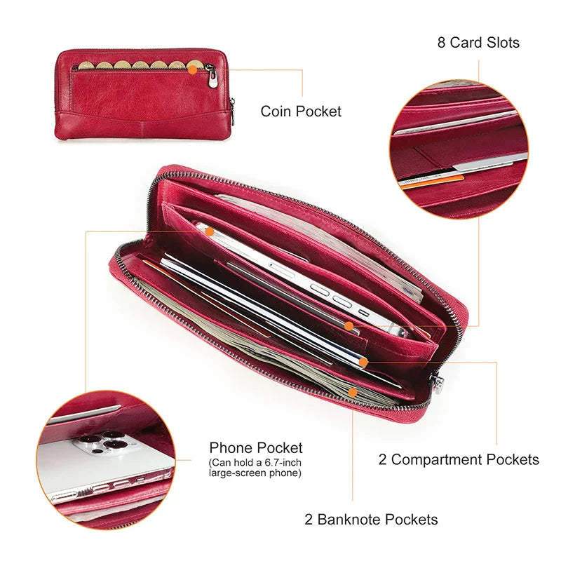 CONTACT'S Genuine Leather RFID Long Women's Wallets Skull Pattern Zipper Women's Purses Card Holders Luxury Designer Money Clip