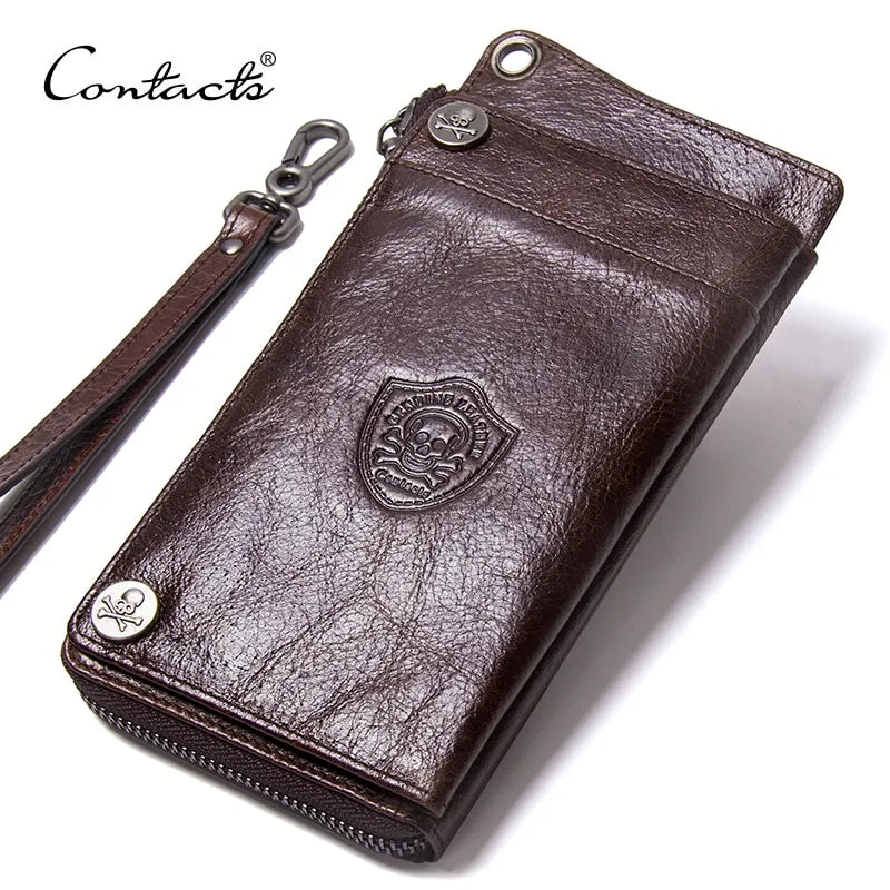 CONTACT'S Men's Wallet Genuine Leather Clutch Man Walet Brand Luxury Male Purse Long Wallets Zip Coin Purse 6.5" Phone Pocket