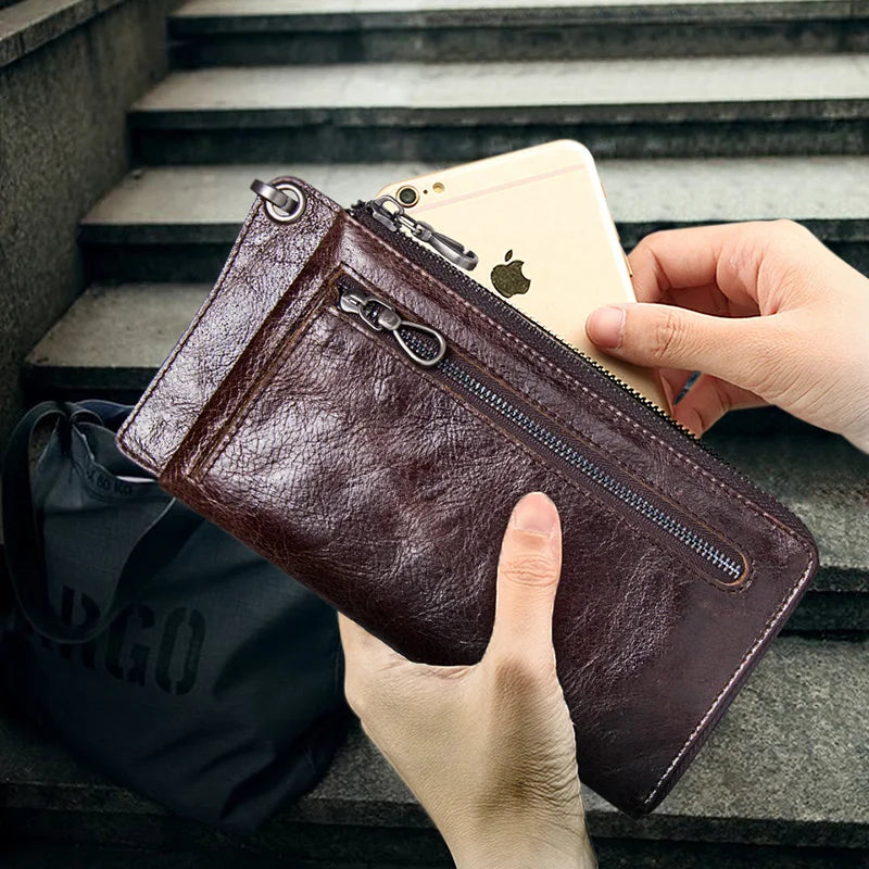 CONTACT'S Men's Wallet Genuine Leather Clutch Man Walet Brand Luxury Male Purse Long Wallets Zip Coin Purse 6.5" Phone Pocket