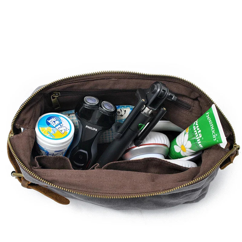 Canvas And Leather Men Toiletry Bag Water-resistant Dopp