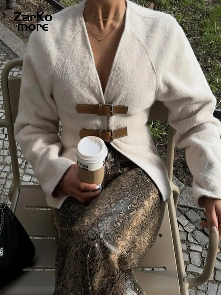 Chic Double Leather Button Women Jacket Long-Sleeved V-Neck