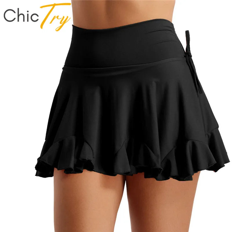 ChicTry Women Black/Red High Waist Latin Dance Skirt