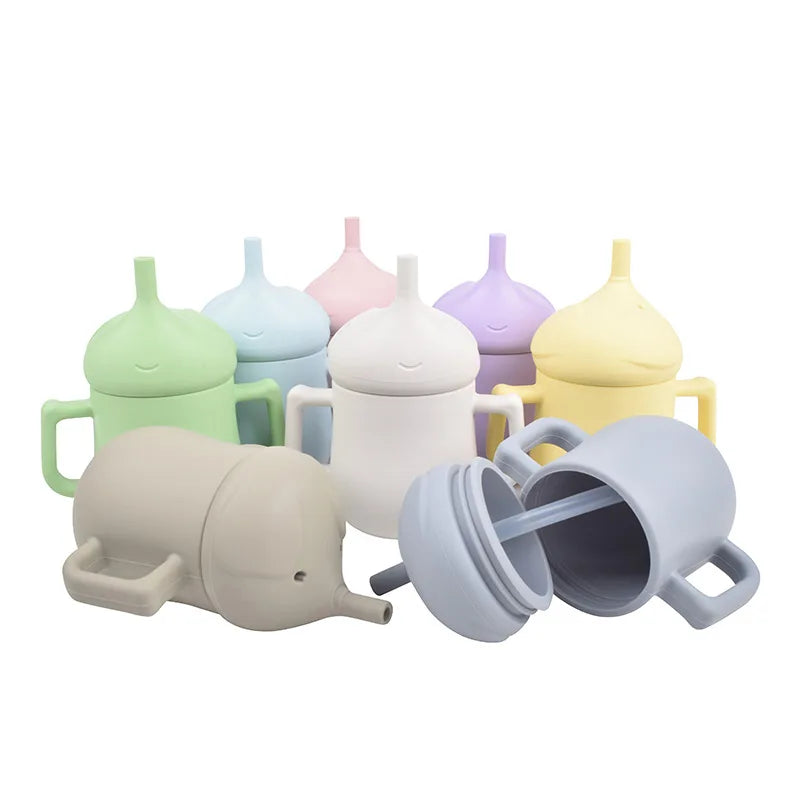 Children Silicone Feeding Cup Cartoon Drop-resistant Baby Straw