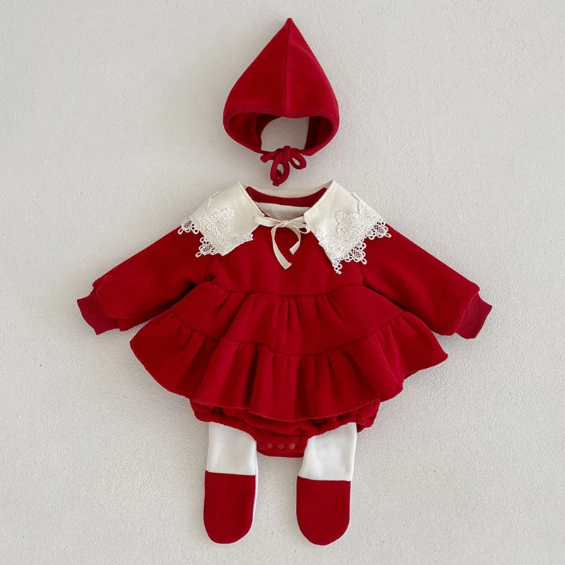 Christmas Red Newborn Baby Girl Bodysuits Dress Autumn